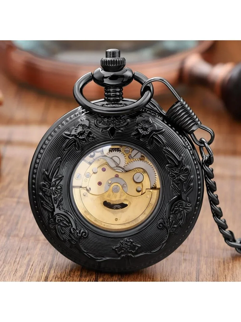 Men's All Black Vintage Style Hollow-Out Gear Arabic Mechanical Pocket Watch